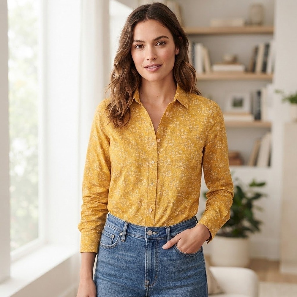J.Crew Liberty Fabric Floral Cotton Button Down Shirt Mustard Yellow Size 6 rare
